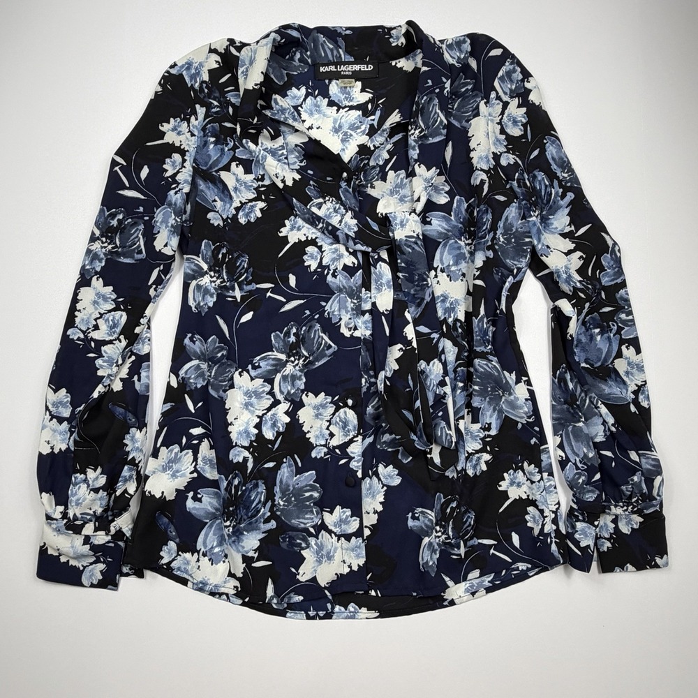 Karl Lagerfeld Paris Women's Blue Floral Blouse Size Small Tie Neck Button Front